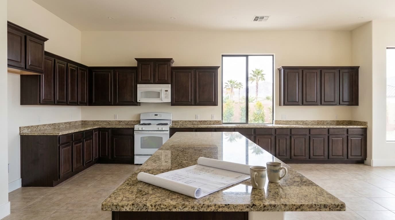 A well-kept 2004 builder-grade kitchen with espresso raised-panel cabinets and granite counters, plans open on the island beside two coffees