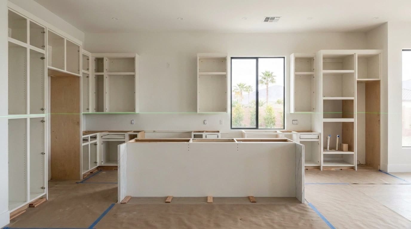 Cabinet boxes set, shimmed and screwed level along every run, tops still open and no countertops yet