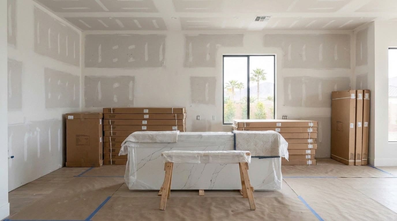 Labelled cabinet cartons stacked against the wall with the quartz slab wrapped on sawhorses