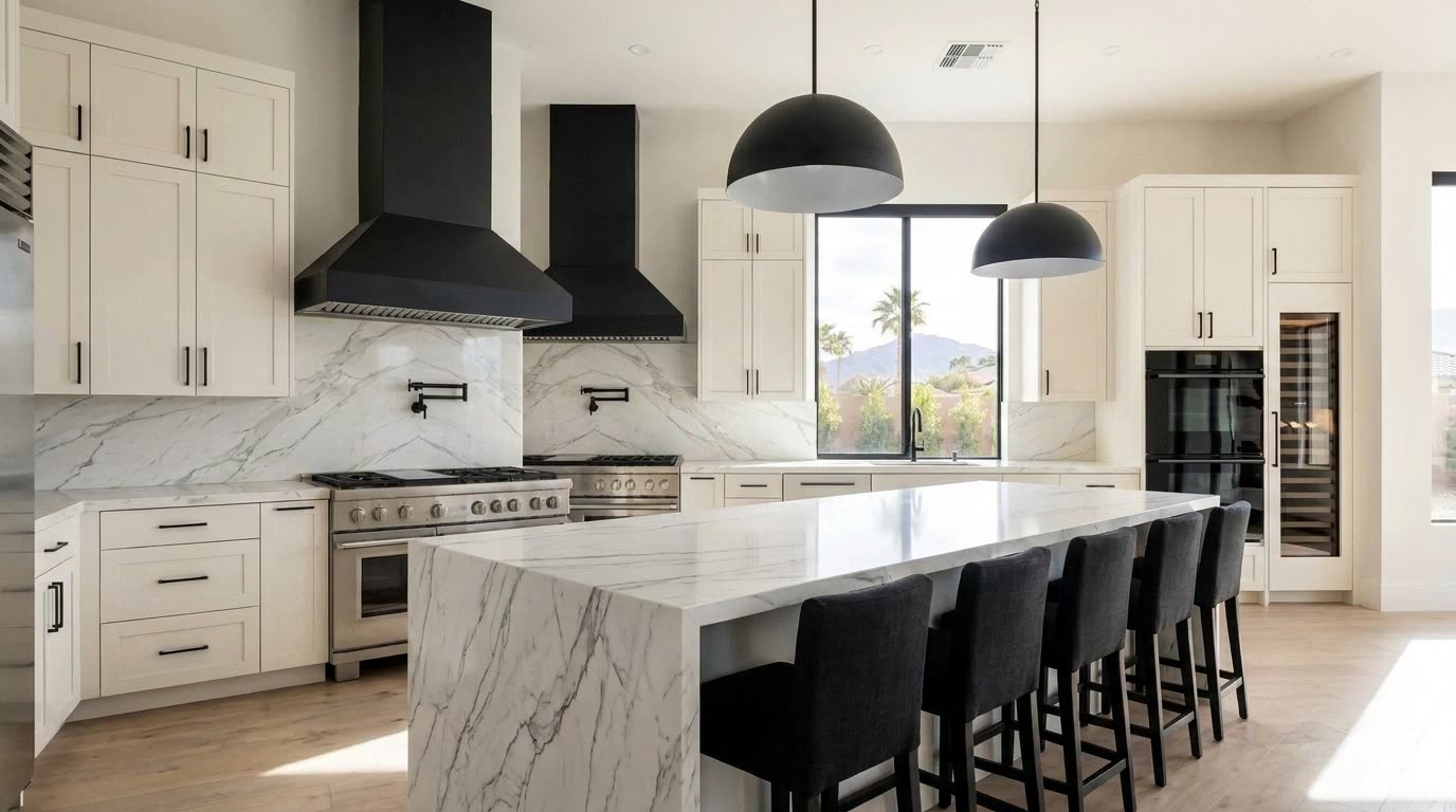 The finished kitchen seen along the length of the waterfall island toward the range wall