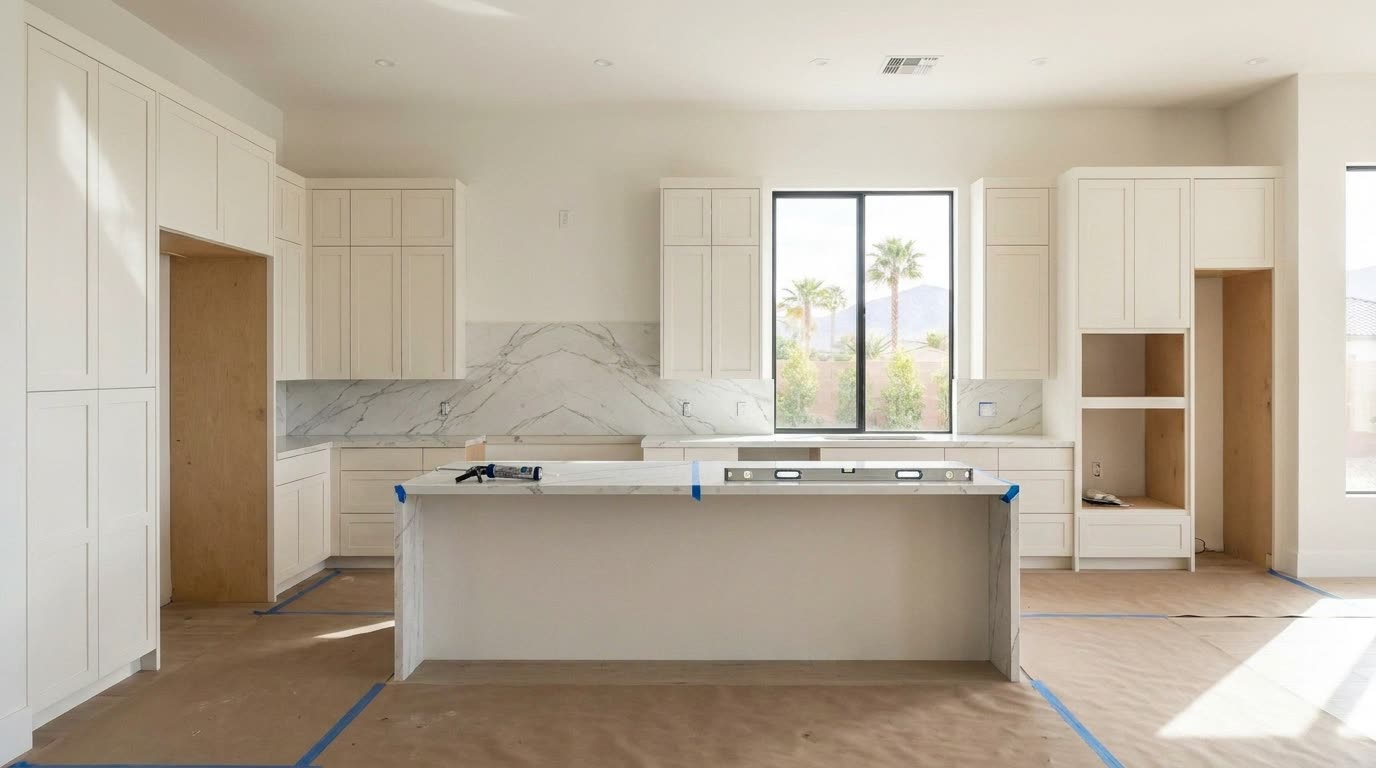 Quartz counters and the full-height slab backsplash installed, appliance openings still empty