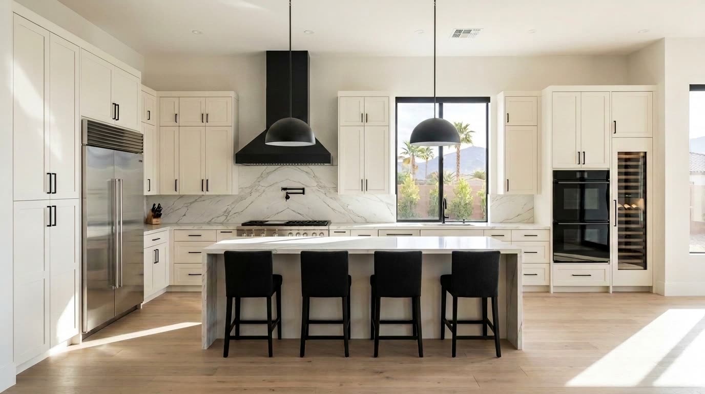 The finished kitchen at handover: stainless refrigerator, professional range under a matte black chimney hood, wall ovens, wine column and a Calacatta waterfall island
