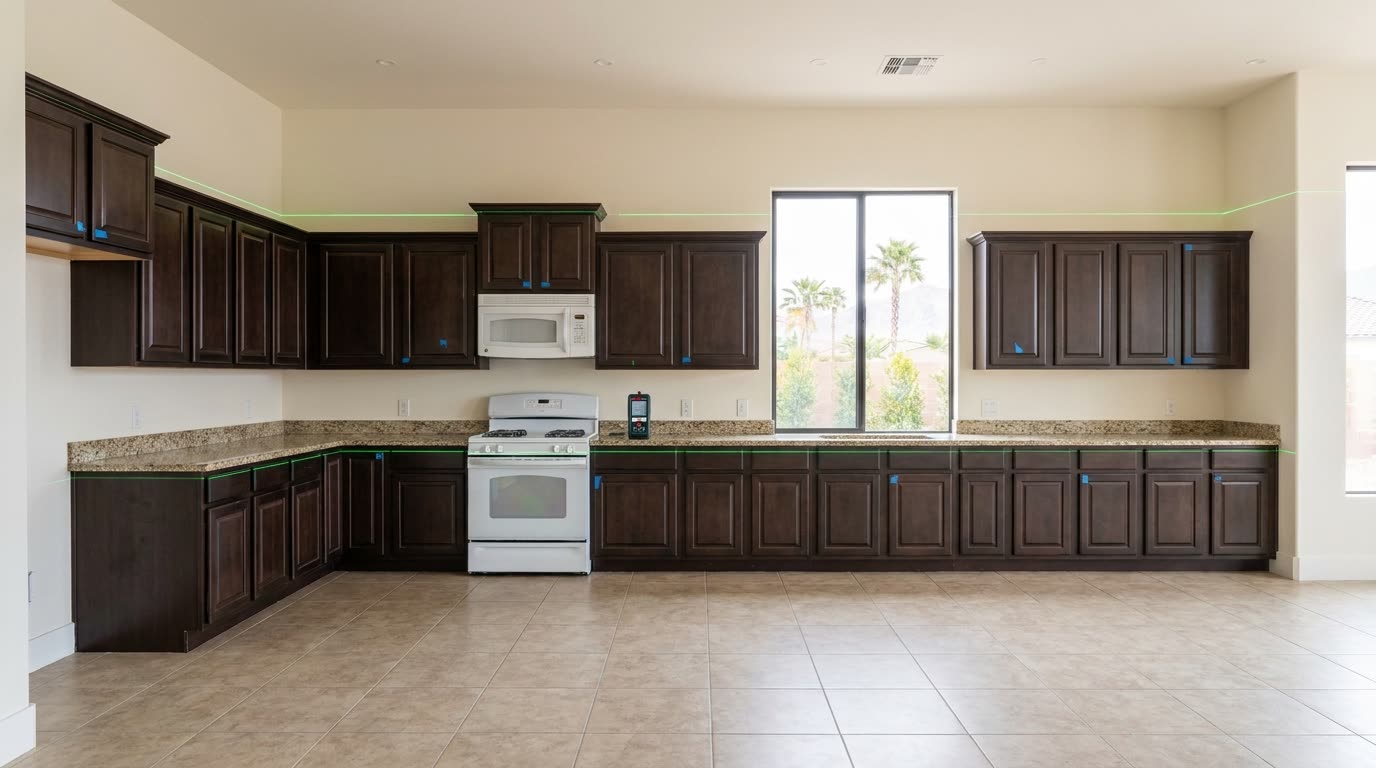 The same kitchen being surveyed, green laser lines running level across the cabinet runs and a laser measure on the granite
