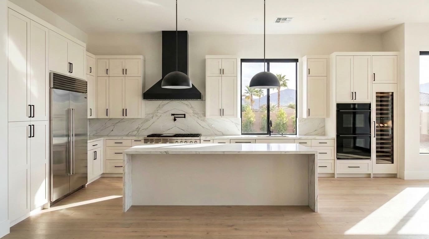 Appliances set and connected, the chimney hood and pendants hung and the hardware on, counters bare before styling