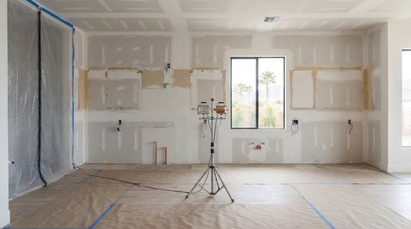 The room stripped after demolition: patched drywall, capped plumbing stub-outs, open electrical boxes, a dust barrier and a work light